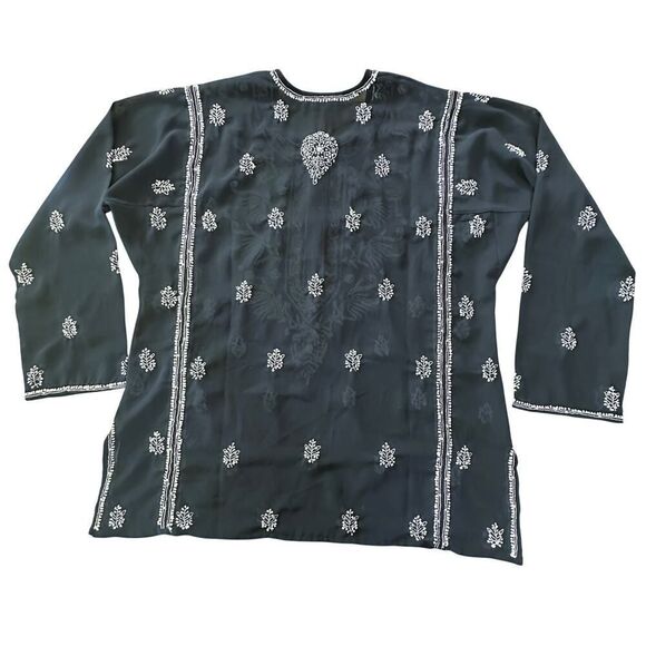 Graham Kandiah NY Embellished Long Sleeve Tunic Flowy Black White Top Size Large - Picture 4 of 16